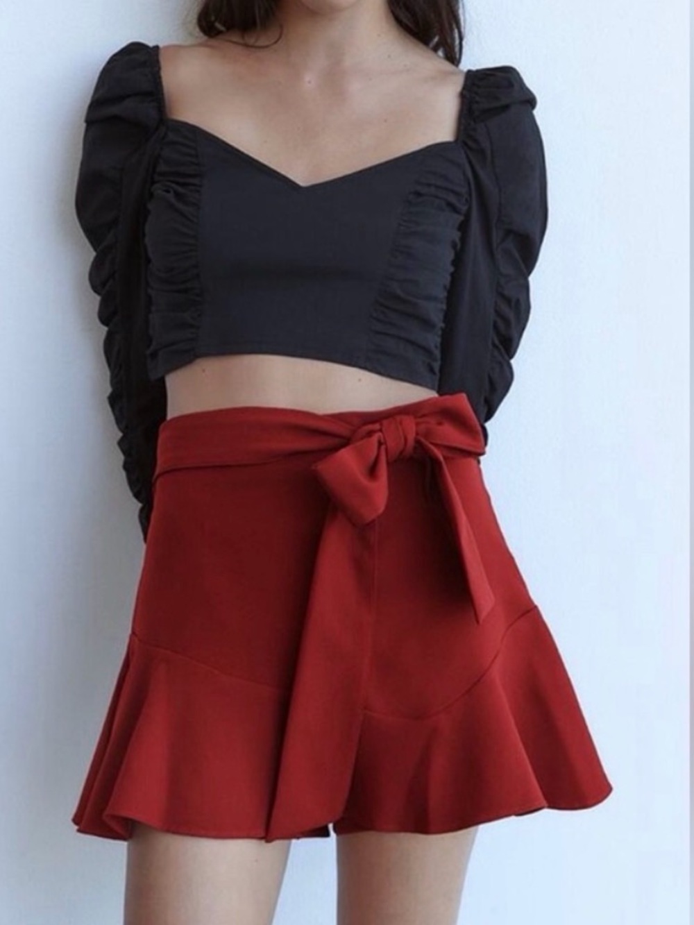 NEW Zara Red Ruffled Mini Skort Skirt High Waisted Tie Belt Shorts SMALL Womens